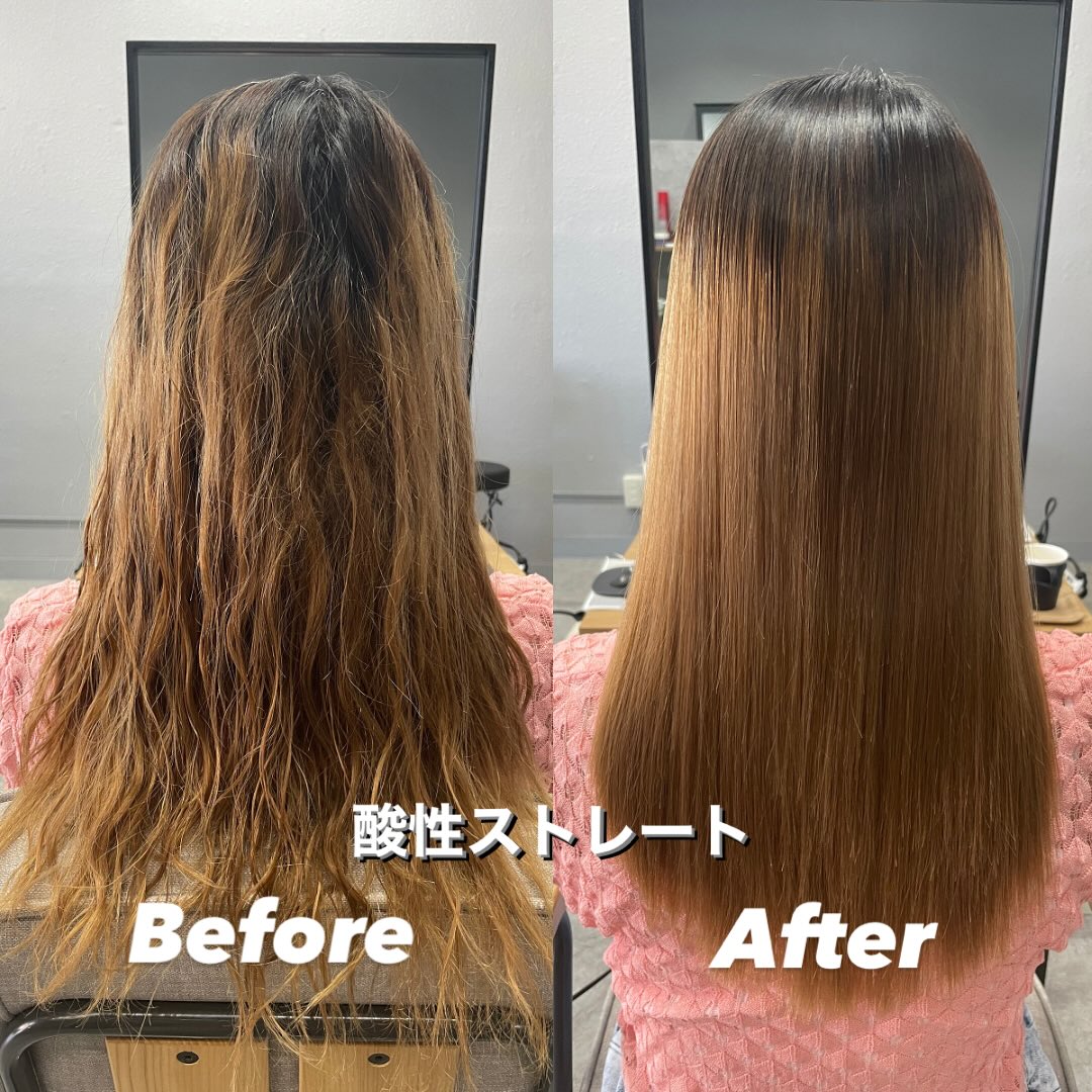 ブリーチ毛でもかけられる縮毛矯正酸性ストレートブリーチしてスパイラルパーマをかけていて、後ろの髪が絡まってほどけなくなっているほど、ハイダメージなお客様‍♀️処理剤をプラスさせていただいて、酸性ストレートをかけましたこんなに綺麗になるなんてすごく嬉しい️とすごく喜んでいただけました他店で断られた方も、ぜひ一度ご相談ください※カラーは別日推奨。1週間後くらいからOKです‍♀️ご予約はプロフィールリンクからお待ちしております♡スタイリストAKIVIMhair北谷店〒904-0116沖縄県中頭郡北谷町北谷1-8-8コーポサングレイス103098-975-6500#縮毛矯正美容室#縮毛矯正  #美髪矯正#酸性ストレート #ストレート#うねり髪対策#広がる髪対策#湿気対策#艶髪#ナチュラル#髪質改善ストレート#沖縄美容室#宜野湾美容室#北谷美容室