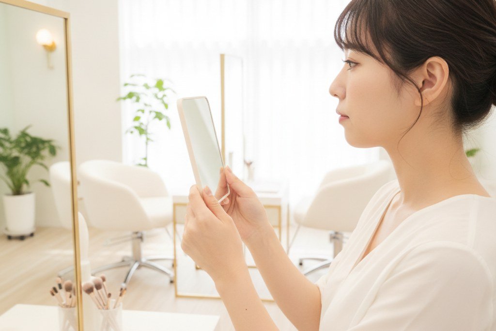鏡でまつげのカールを確認する女性